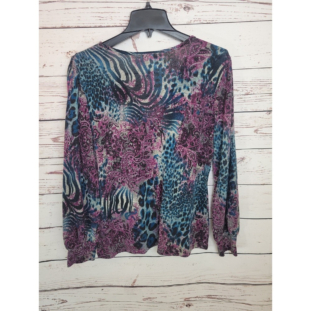 Christopher & Banks Top Animal Print Paisley Faux Wrap V-Neck Purple Teal Large - Picture 2 of 12